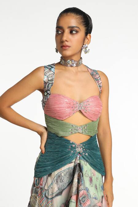 Buy_Aisha Rao_Blue Organza, Lurex Sequins, Zari Sweetheart Enchante Pop Botanical Print Gown _Online_at_Aza_Fashions