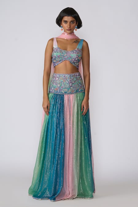 Aisha Rao Blue Lurex Embellished Sequin Cutwork Etherea Floral Lehenga Set 