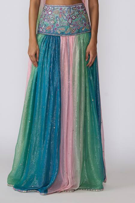 Aisha Rao_Blue Lurex Sequins, Cut Work, Zari Etherea Floral Embellished Lehenga Set _Online_at_Aza_Fashions