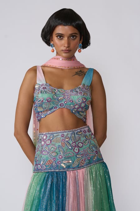 Shop_Aisha Rao_Blue Lurex Sequins, Cut Work, Zari Etherea Floral Embellished Lehenga Set _Online_at_Aza_Fashions