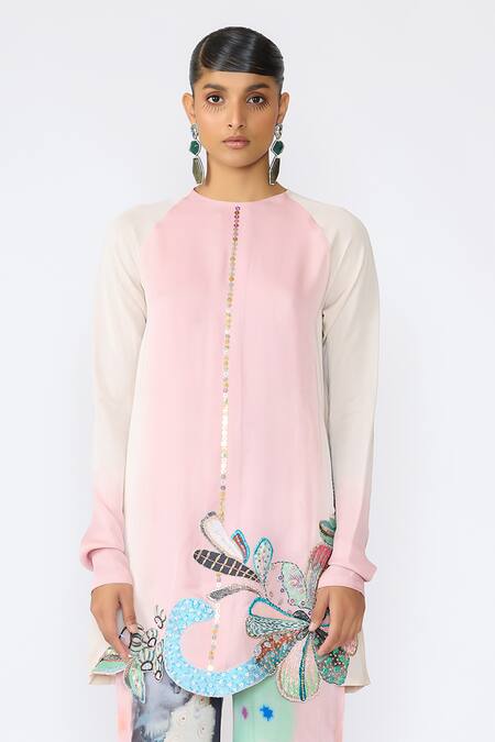 Buy_Aisha Rao_Ivory Georgette, Chiffon Sequins, Fleur Floral Applique Embellished Kurta Set _Online_at_Aza_Fashions