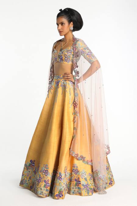 Aisha Rao_Yellow Silk, Tulle Gleamora Floral Applique Embellished Bridal Lehenga Set _Online_at_Aza_Fashions