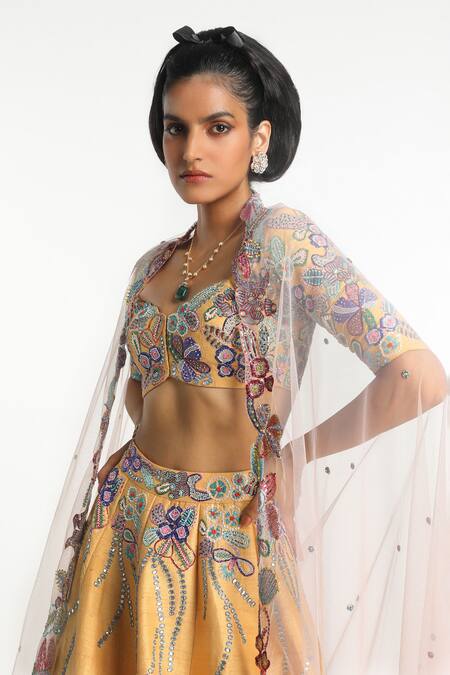 Buy_Aisha Rao_Yellow Silk, Tulle Gleamora Floral Applique Embellished Bridal Lehenga Set _Online_at_Aza_Fashions