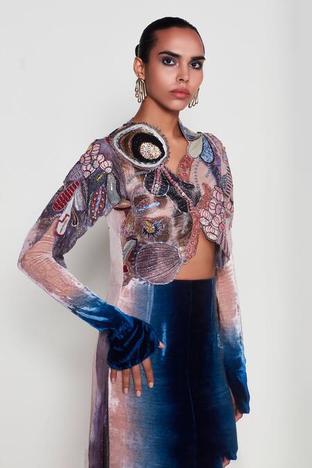 Buy_Aisha Rao_Peach Velvet, Lurex Harbinger Floral Applique Embellished Jacket And Pant Set _Online_at_Aza_Fashions