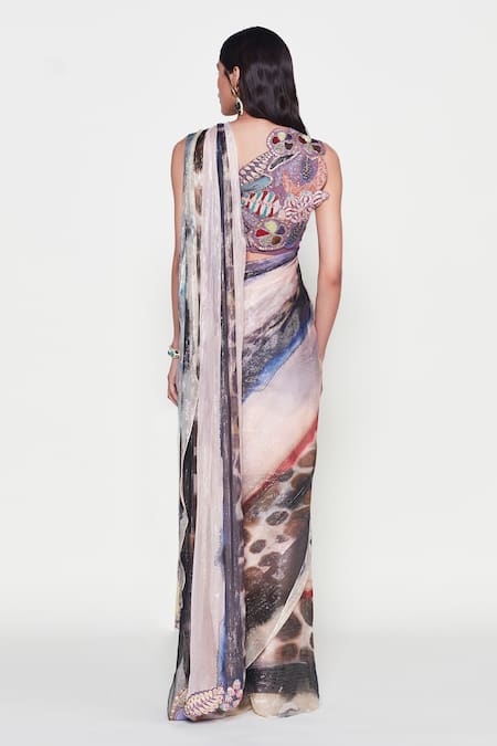 Aisha Rao Phila Shimmer Finish Pre-Draped Saree With Floral Applique Blouse 