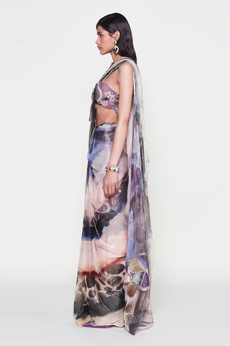 Aisha Rao_Purple Lurex Phila Shimmer Finish Pre-draped Saree With Floral Applique Blouse _Online_at_Aza_Fashions