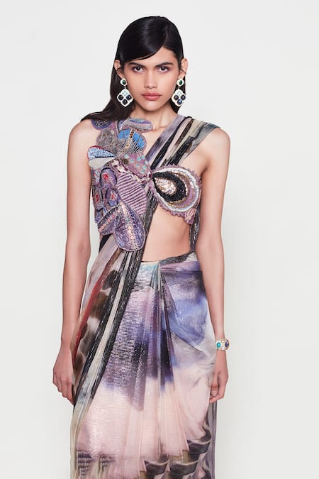 Buy_Aisha Rao_Purple Lurex Phila Shimmer Finish Pre-draped Saree With Floral Applique Blouse _Online_at_Aza_Fashions