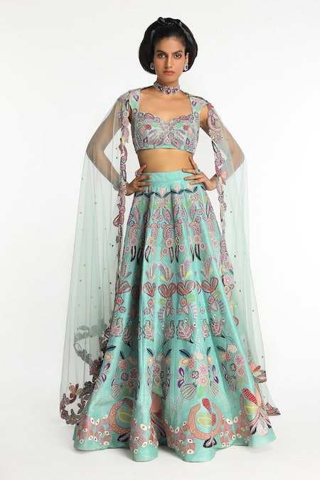 Aisha Rao Blue Raw Silk Applique Floral Sweetheart Neck Seaglimmer Lehenga Set 