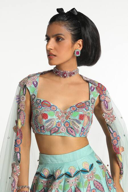 Aisha Rao_Blue Silk, Chiffon Embroidery, Sequins, Seaglimmer Floral Applique Lehenga Set _Online_at_Aza_Fashions