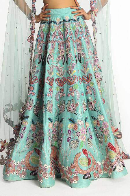 Buy_Aisha Rao_Blue Silk, Chiffon Embroidery, Sequins, Seaglimmer Floral Applique Lehenga Set _Online_at_Aza_Fashions