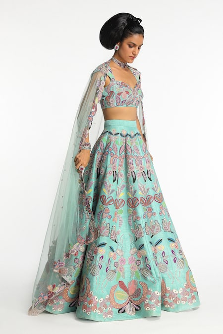 Shop_Aisha Rao_Blue Silk, Chiffon Embroidery, Sequins, Seaglimmer Floral Applique Lehenga Set _Online_at_Aza_Fashions