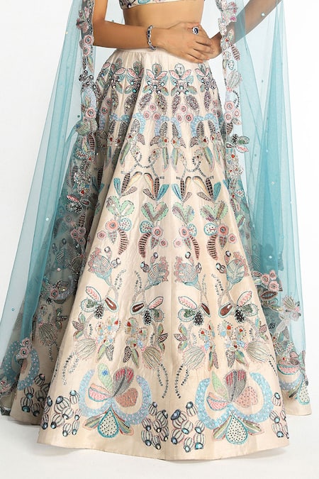Aisha Rao_Ivory Silk, Chiffon Sequins, Beads, Applique Seraphique Bridal Lehenga Set _Online_at_Aza_Fashions