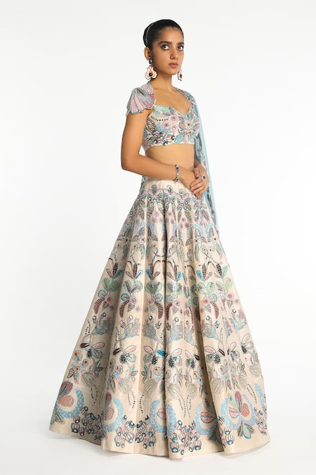 Buy_Aisha Rao_Ivory Silk, Chiffon Sequins, Beads, Applique Seraphique Bridal Lehenga Set _Online_at_Aza_Fashions
