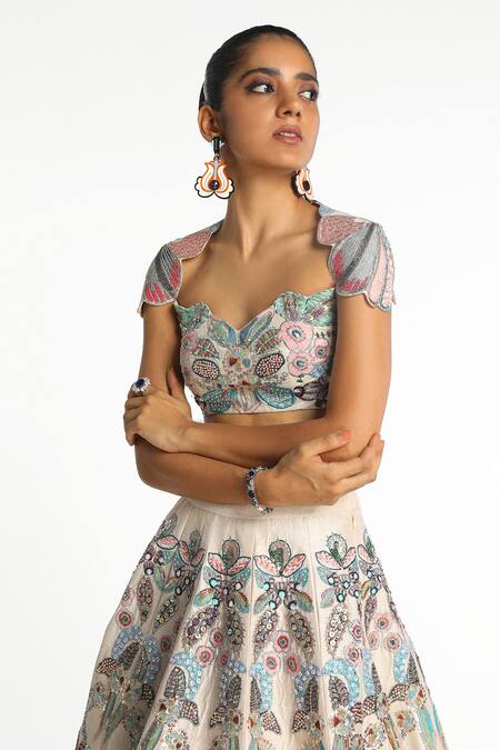 Shop_Aisha Rao_Ivory Silk, Chiffon Sequins, Beads, Applique Seraphique Bridal Lehenga Set _Online_at_Aza_Fashions