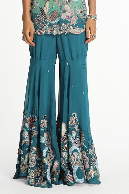 Aisha Rao_Blue Tulle, Viscose, Organza Sequins, Serene Sultana Ombre Kurta With Sharara _Online_at_Aza_Fashions