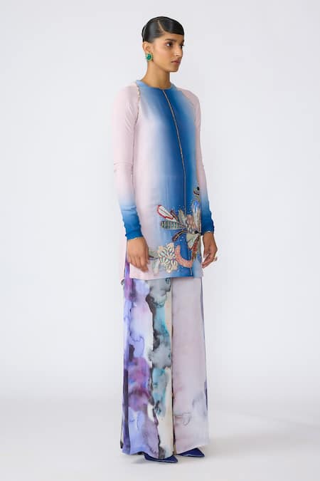 Aisha Rao Blue Double Georgette Print Abstract Sophie Floral Applique Kurta With Pant 