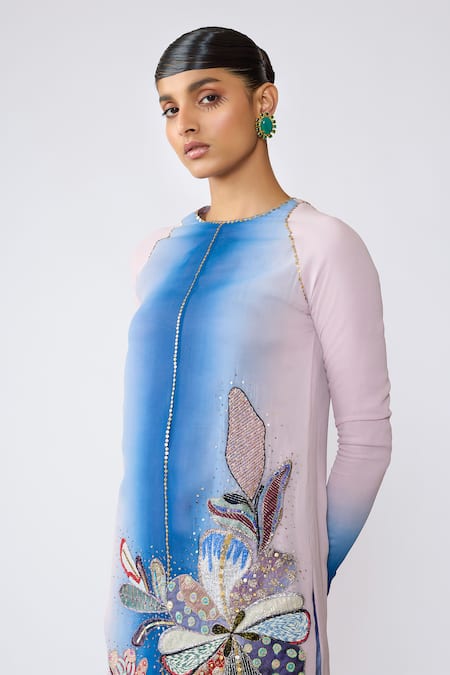 Aisha Rao_Blue Georgette, Chiffon Embroidery, Sophie Floral Applique Kurta With Pant _Online_at_Aza_Fashions