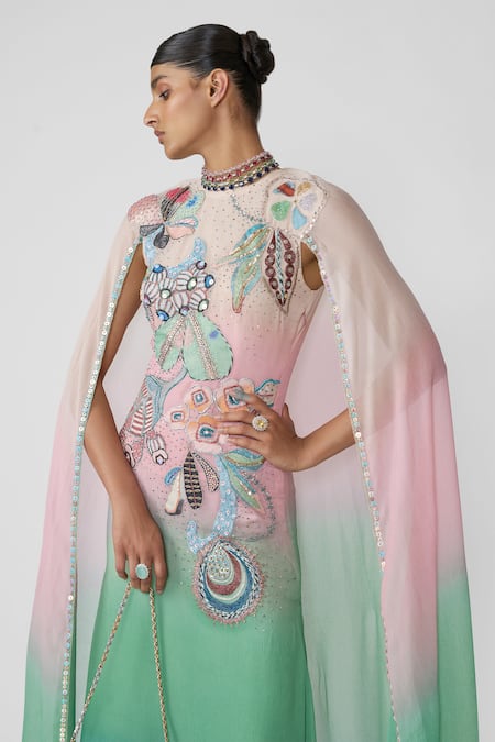Aisha Rao_Blue Chiffon Sequins, Beads, Applique Round Neck Sorbet Ombre Gown _Online_at_Aza_Fashions