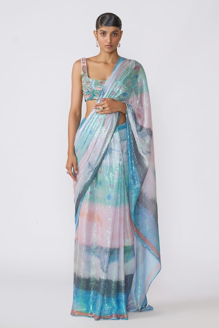 Aisha Rao Spectra Sequin Embellished Pre-Draped Saree With Blouse 