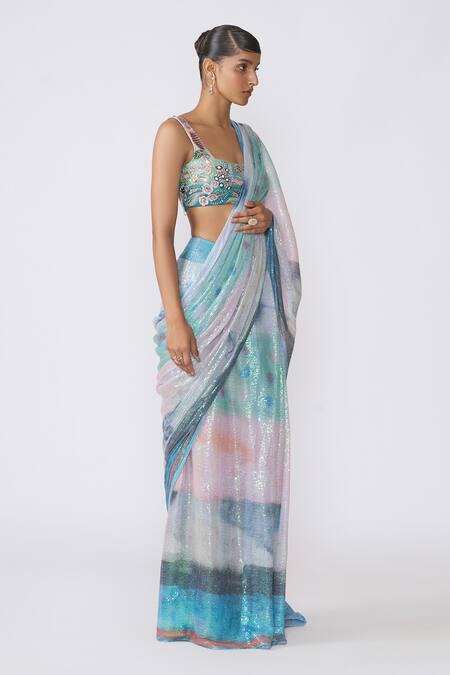 Aisha Rao_Blue Tulle Sequins, Beads Spectra Embellished Pre-draped Saree With Blouse _Online_at_Aza_Fashions