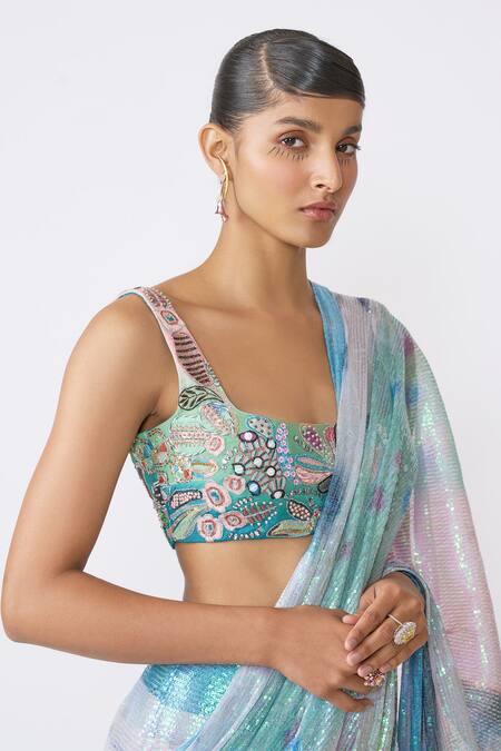 Buy_Aisha Rao_Blue Tulle Sequins, Beads Spectra Embellished Pre-draped Saree With Blouse _Online_at_Aza_Fashions