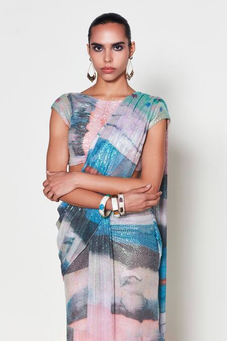 Aisha Rao Blue Tulle Sequins Round Neck Starlume Pre-draped Saree With Blouse Online at Aza Fashions Aisha Rao_Blue Tulle Sequins Round Neck Starlume Pre-draped Saree With Blouse _Online_at_Aza_Fashions