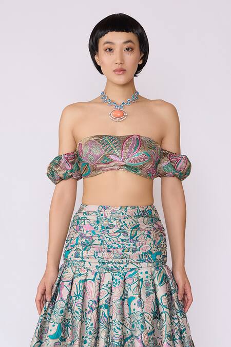 Aisha Rao_Pink Jacquard, Tissue, Tulle Sequins, Sylph Floral Applique Blouse With Skirt _Online_at_Aza_Fashions