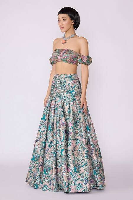 Buy_Aisha Rao_Pink Jacquard, Tissue, Tulle Sequins, Sylph Floral Applique Blouse With Skirt _Online_at_Aza_Fashions