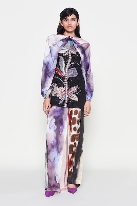 Aisha Rao Purple Kurta Chiffon Print Galaxy Knotted Twilight Floral Applique With Pant 