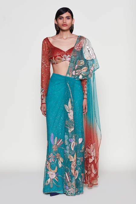 Aisha Rao Blue Net Embellished Verdance Floral Applique Pre-draped Saree With Blouse 