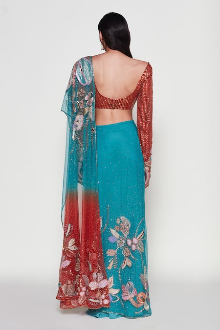 Aisha Rao Verdance Floral Applique Pre-Draped Saree With Blouse 