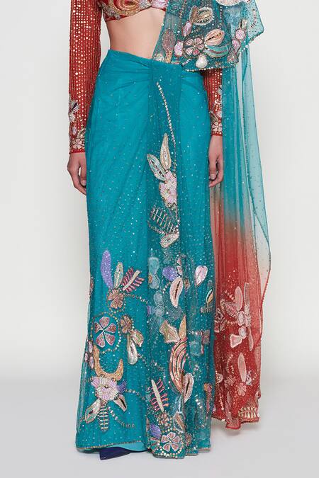 Aisha Rao_Blue Net Sequins, Beads, Verdance Floral Applique Pre-draped Saree With Blouse _Online_at_Aza_Fashions