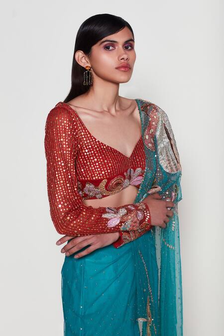 Shop_Aisha Rao_Blue Net Sequins, Beads, Verdance Floral Applique Pre-draped Saree With Blouse _Online_at_Aza_Fashions