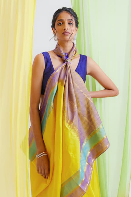 Paaprika Kanjeevaram Silk Striped Saree With Running Blouse Piece 