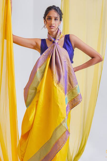 Shop Paaprika Yellow Kanjeevaram Silk Striped Saree With Running Blouse Piece at Aza Fashions Shop_Paaprika_Yellow Kanjeevaram Silk Striped Saree With Running Blouse Piece_at_Aza_Fashions