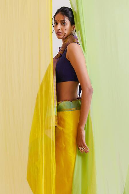 Paaprika Yellow Kanjeevaram Silk Striped Saree With Running Blouse Piece Online at Aza Fashions Paaprika_Yellow Kanjeevaram Silk Striped Saree With Running Blouse Piece_Online_at_Aza_Fashions