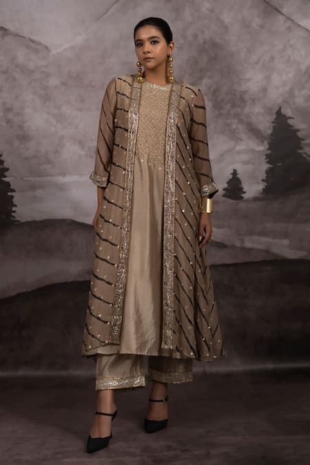 Bhusattva_Gold Organza, Cotton, Silk Metallic Leheriya Tie Dye Pattern Shrug Kurta Set _Online_at_Aza_Fashions