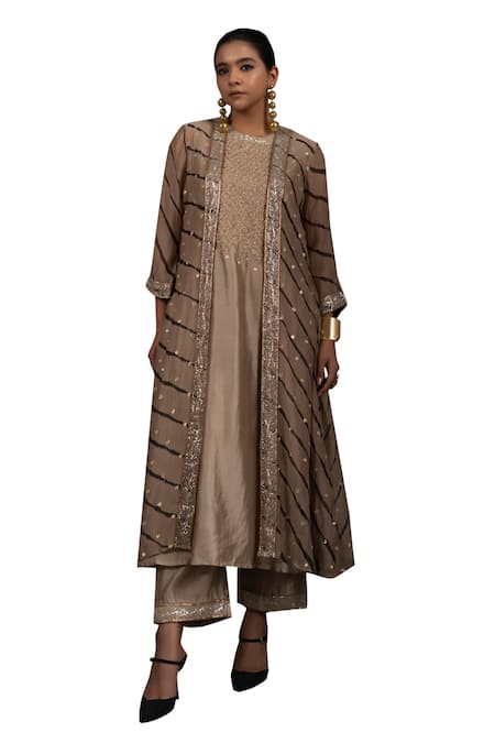 Buy_Bhusattva_Gold Organza, Cotton, Silk Metallic Leheriya Tie Dye Pattern Shrug Kurta Set _Online_at_Aza_Fashions