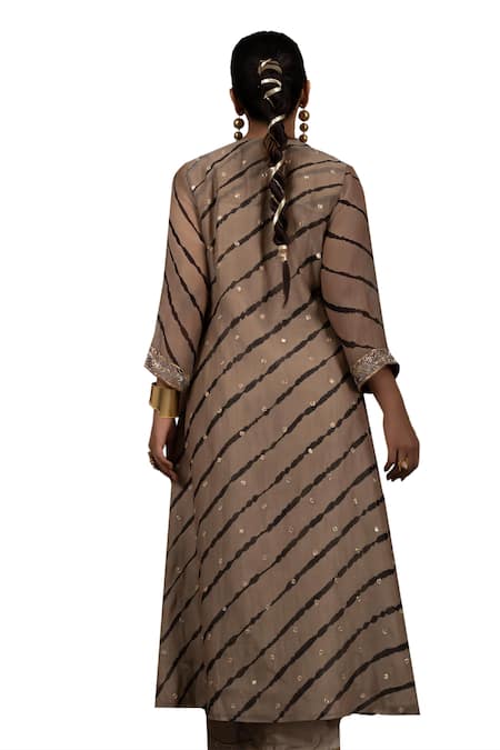 Shop_Bhusattva_Gold Organza, Cotton, Silk Metallic Leheriya Tie Dye Pattern Shrug Kurta Set _Online_at_Aza_Fashions