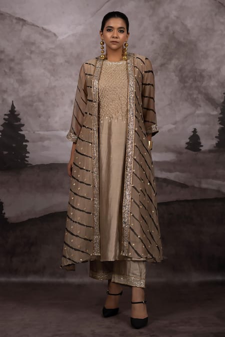 Bhusattva_Gold Organza, Cotton, Silk Metallic Leheriya Tie Dye Pattern Shrug Kurta Set _at_Aza_Fashions