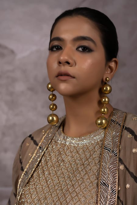 Shop_Bhusattva_Gold Organza, Cotton, Silk Metallic Leheriya Tie Dye Pattern Shrug Kurta Set 