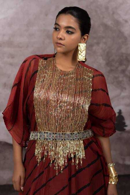 Shop_Bhusattva_Maroon Organic Cotton Silk Tie Dye Embroidery Wave Pattern Kaftan Set 