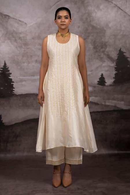 Bhusattva_Ivory Silk Piping, Embroidery, Zardozi Leheriya Shrug Dress Palazzo Pant Set _Online_at_Aza_Fashions