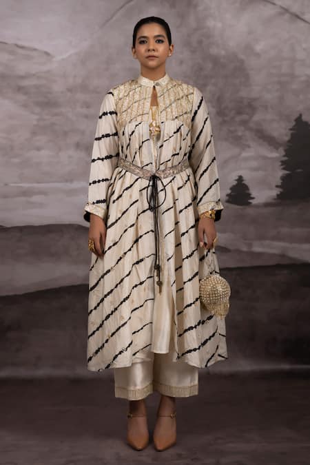 Buy_Bhusattva_Ivory Silk Piping, Embroidery, Zardozi Leheriya Shrug Dress Palazzo Pant Set _Online_at_Aza_Fashions