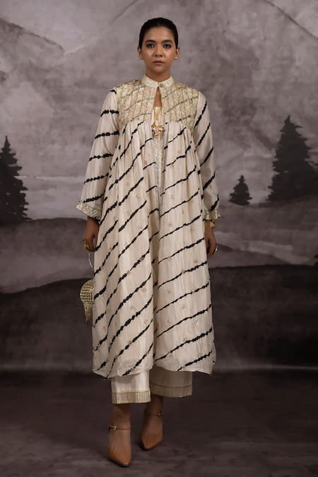 Shop_Bhusattva_Ivory Silk Piping, Embroidery, Zardozi Leheriya Shrug Dress Palazzo Pant Set _Online_at_Aza_Fashions