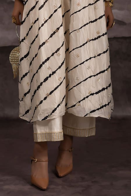 Bhusattva_Ivory Silk Piping, Embroidery, Zardozi Leheriya Shrug Dress Palazzo Pant Set _at_Aza_Fashions