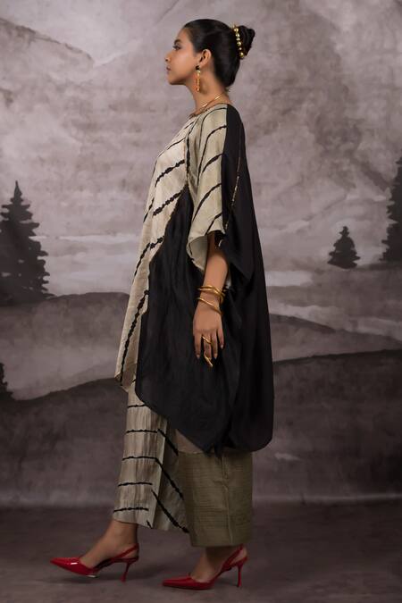 Shop_Bhusattva_Gold Organic Silk Tie Dye Embroidery Leheriya Wave Pattern Patchwork Kaftan _Online_at_Aza_Fashions