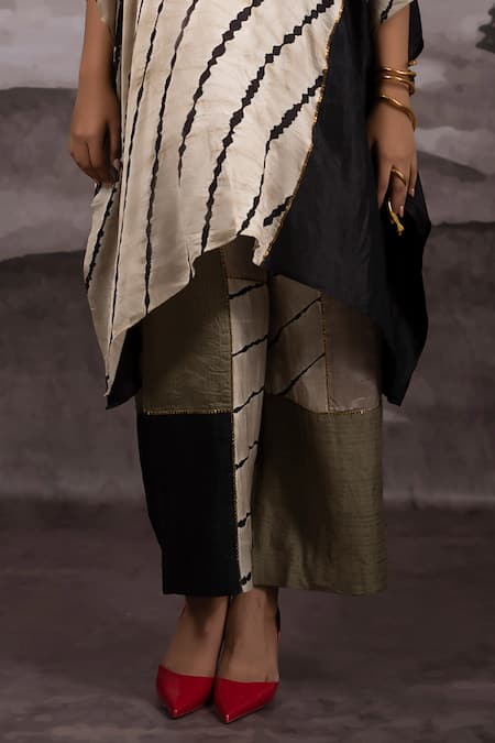 Bhusattva_Gold Organic Silk Tie Dye Embroidery Wave Pattern Patchwork Palazzo Pant _Online_at_Aza_Fashions