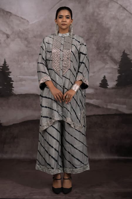 Bhusattva_Silver Organza, Cotton, Silk Zari, Embroidery Pitta Yoke Leheriya Kurta Set _Online_at_Aza_Fashions