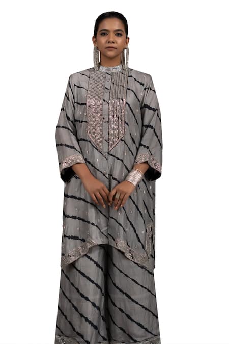 Shop_Bhusattva_Silver Organza, Cotton, Silk Zari, Embroidery Pitta Yoke Leheriya Kurta Set _Online_at_Aza_Fashions